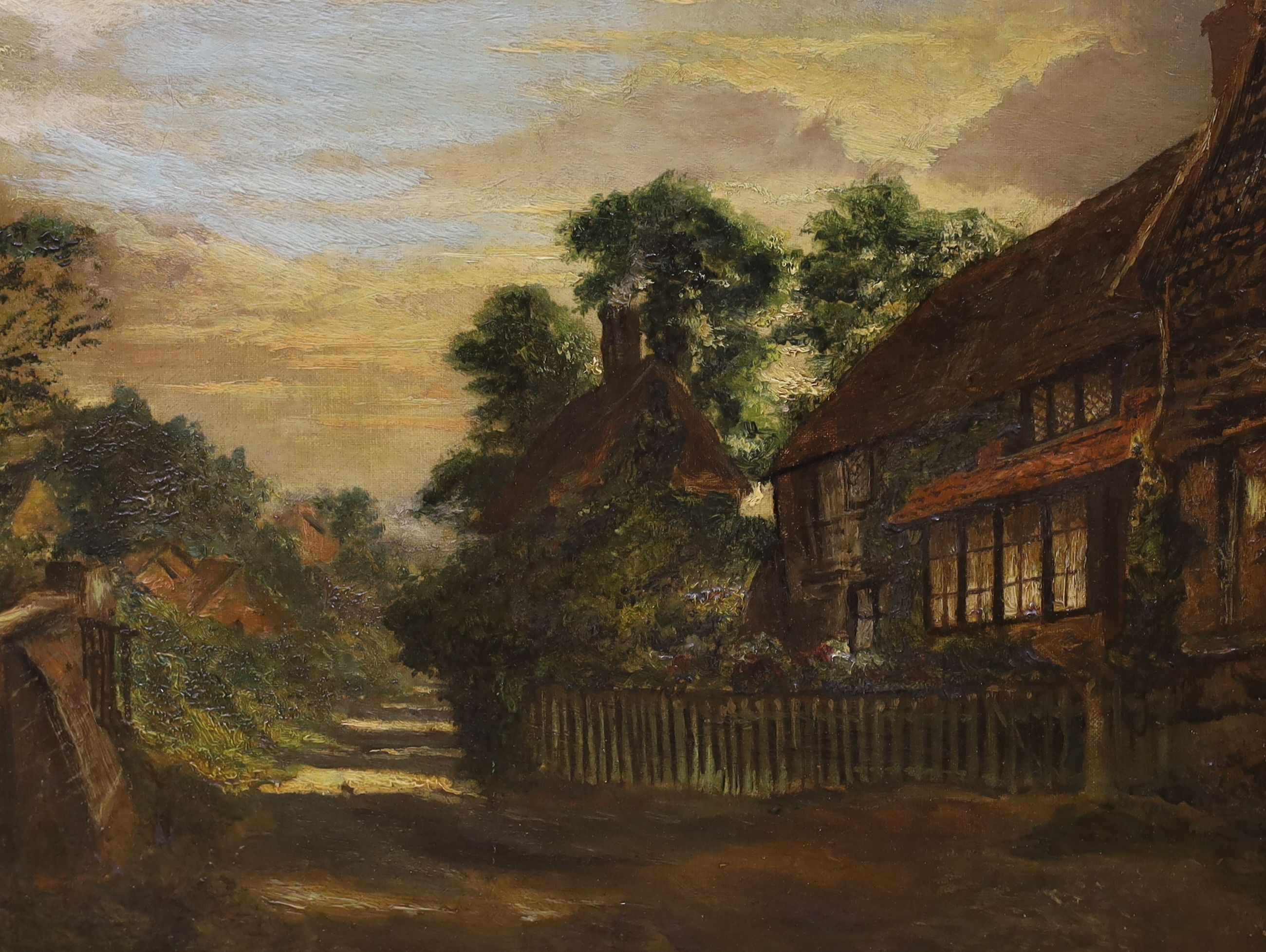 A. Daniel, oil on canvas, Stag in a landscape, signed and dated 1908, 60 x 30cm and a later oil of cottages along a lane, 35 x 45cm